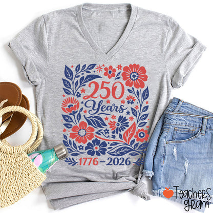 Floral 250 Years 1776 To 2026 Teacher Female V-Neck T-Shirt