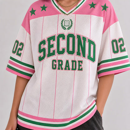 Personalized Grade Preppy Stripes Star First Day Teacher Mesh Jersey