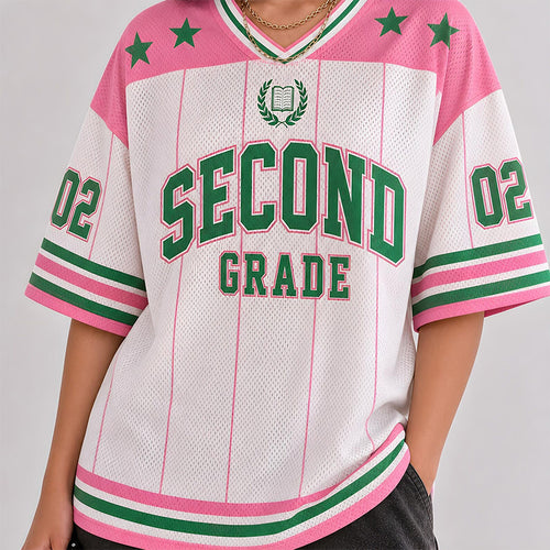 Personalized Grade Preppy Stripes Star First Day Teacher Mesh Jersey
