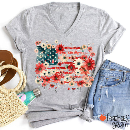 American Flag Floral Teacher Female V-Neck T-Shirt
