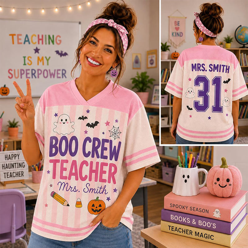 Personalized Grade Name Number Halloween Ghost Striped Teacher Mesh Jersey