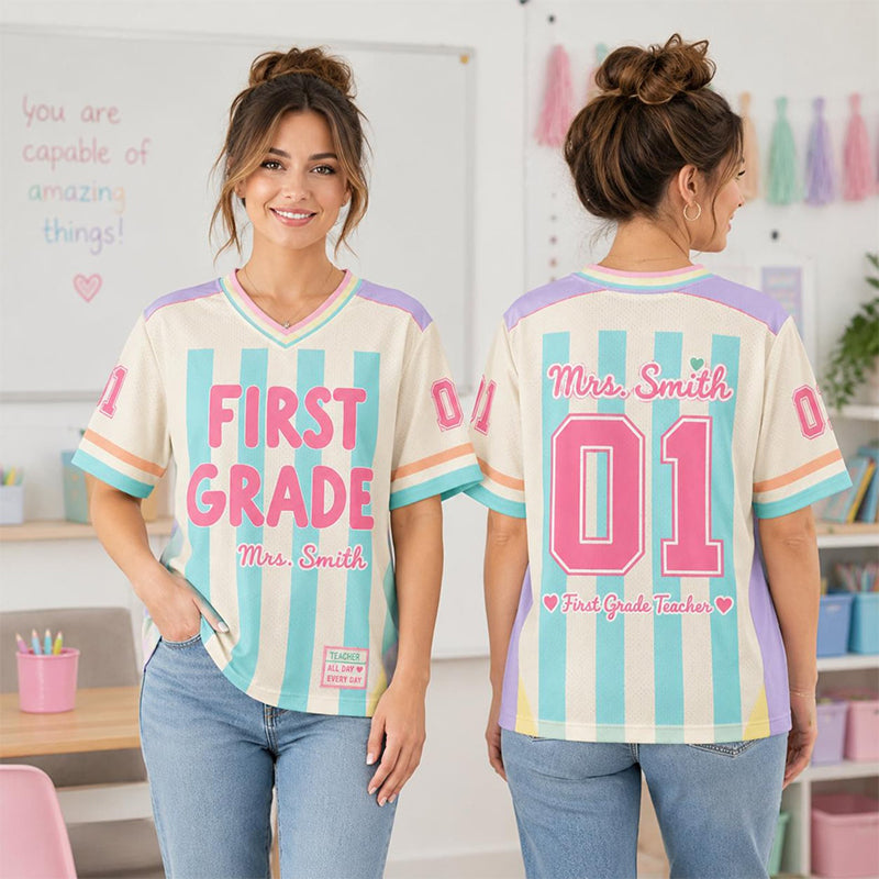 Personalized Grade Name Preppy Stripes Teacher Mesh Jersey