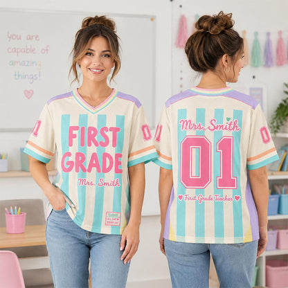 Personalized Grade Name Preppy Stripes Teacher Mesh Jersey