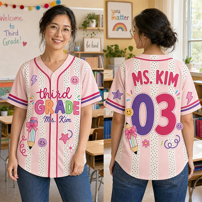Personalized Grade Striped Polka Dot Stationery Print Teacher Baseball Jersey