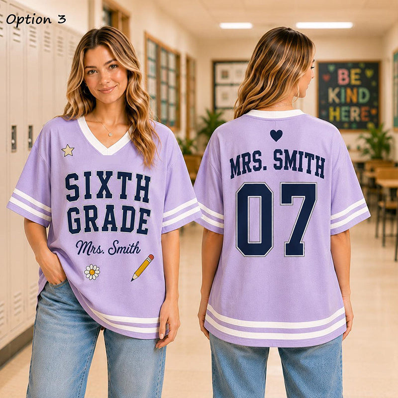 Personalized Grade And Name Preppy Double Stripe Teacher Mesh Jersey