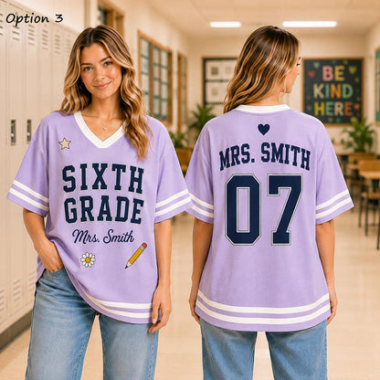 Personalized Grade And Name Preppy Double Stripe Teacher Mesh Jersey