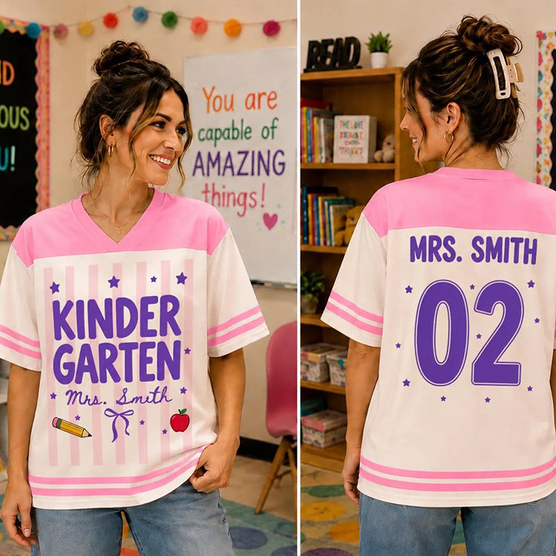 Personalized Grade Teacher Name And Number Apple Pencil Bow Teacher Mesh Jersey