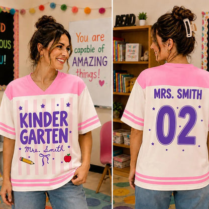 Personalized Grade Teacher Name And Number Apple Pencil Bow Teacher Mesh Jersey