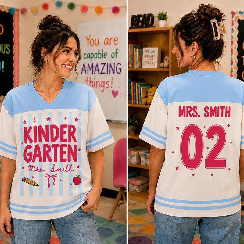 Personalized Grade Teacher Name And Number Apple Pencil Bow Teacher Mesh Jersey