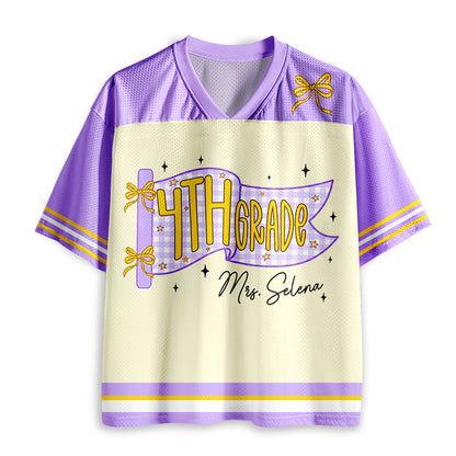 Personalized Grade And Name Gingham Pennant Coquette Bow Teacher Mesh Jersey