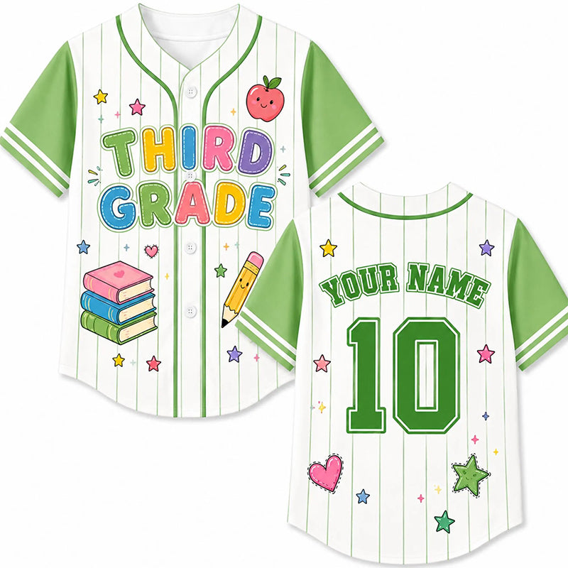 Personalized Grade And Name Preppy Stripes Books Apple Pencil Teacher Baseball Jersey