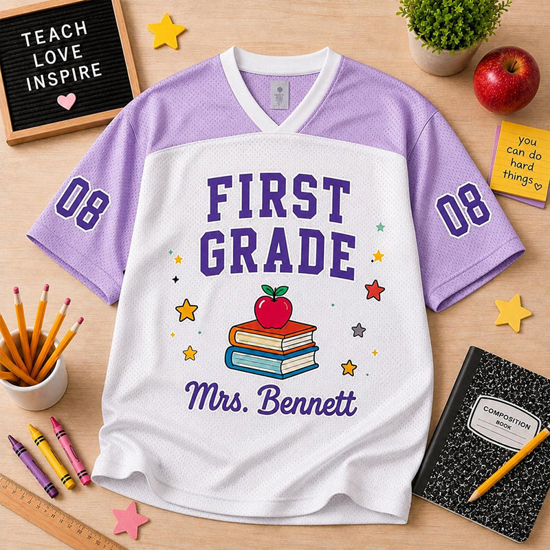 Personalized Grade Teacher Name And Number Apple Book Teacher Mesh Jersey