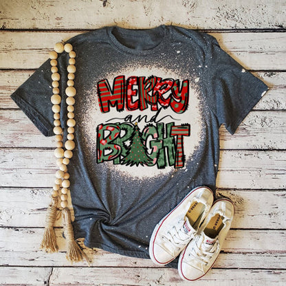 Merry And Bright Christmas Tree Teacher Printed Super Soft T-Shirt