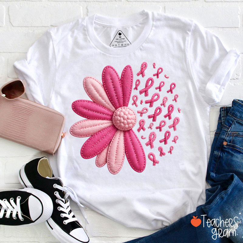 Pink Daisy Breast Cancer Awareness Ribbon Teacher T-Shirt