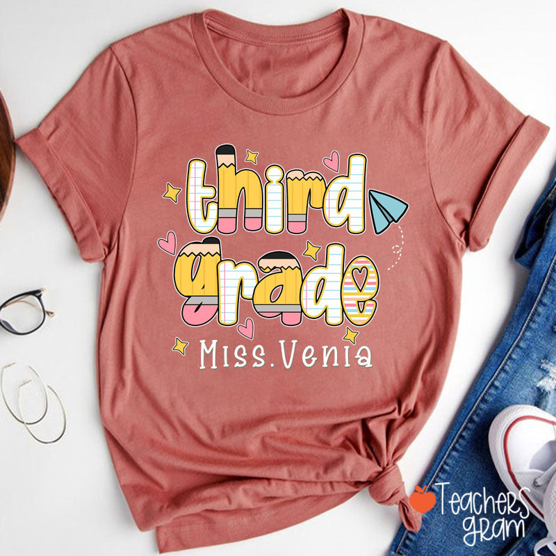 Personalized Name Grade Pencil Notebook Heart Star Paper Plane Teacher T-Shirt