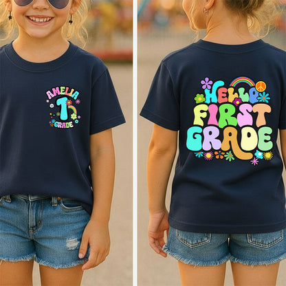 Personalized Name And Grade Rainbow Flowers Class Two Sided T-Shirt