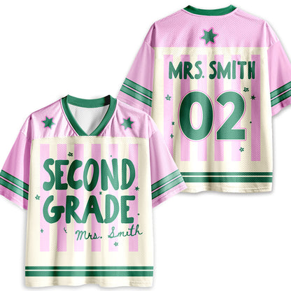 Personalized Grade And Name Preppy Stripes Teacher Mesh Jersey