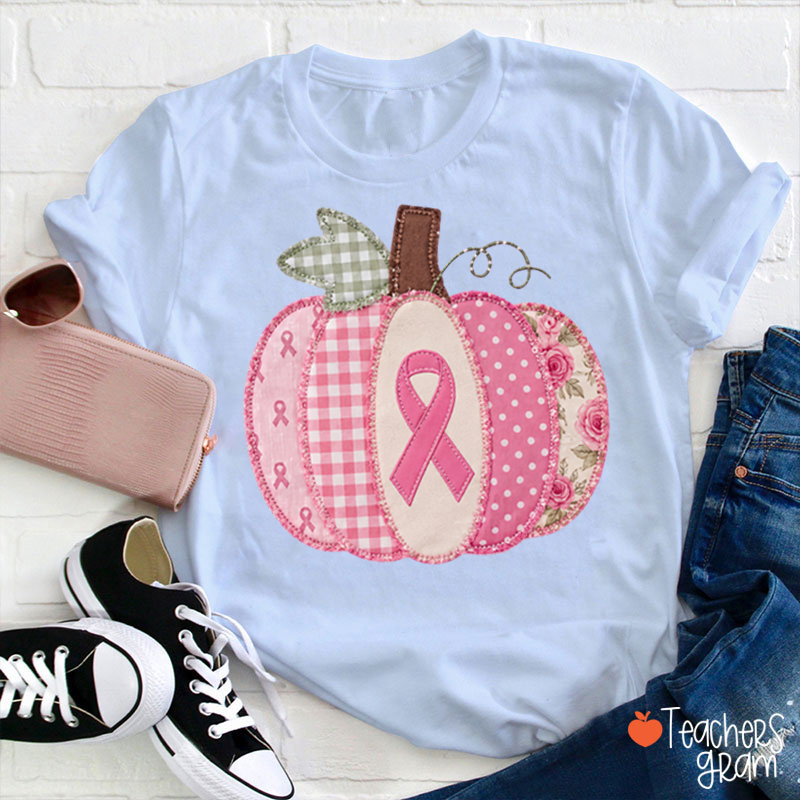 Pink Faux Patchwork Pumpkin Ribbon Teacher T-Shirt