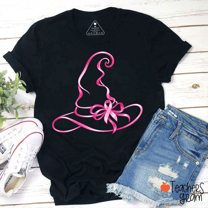 Halloween Witch Hat Pink Ribbon Breast Cancer Support Teacher T-Shirt