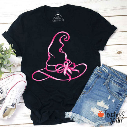 Halloween Witch Hat Pink Ribbon Breast Cancer Support Teacher T-Shirt