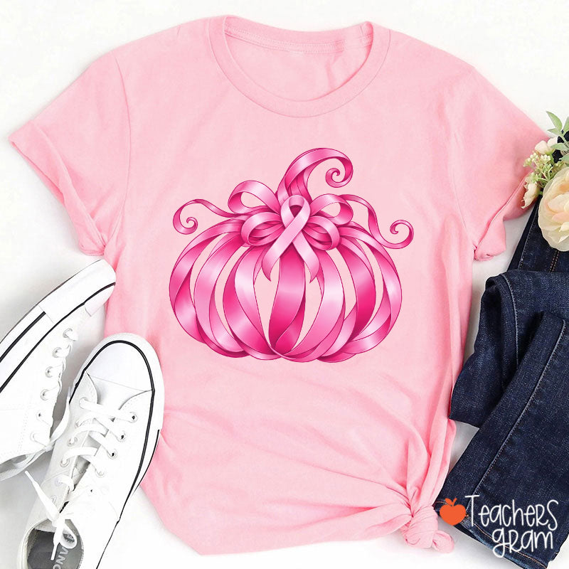 Pink Ribbon Bow Pumpkin Fall Teacher T-Shirt