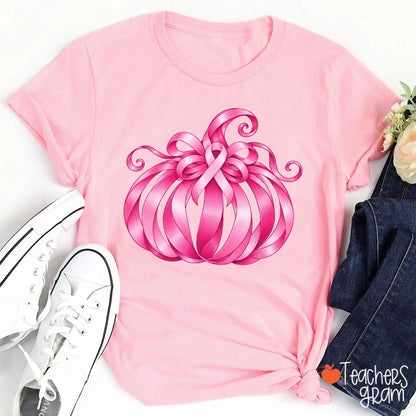 Pink Ribbon Bow Pumpkin Fall Teacher T-Shirt