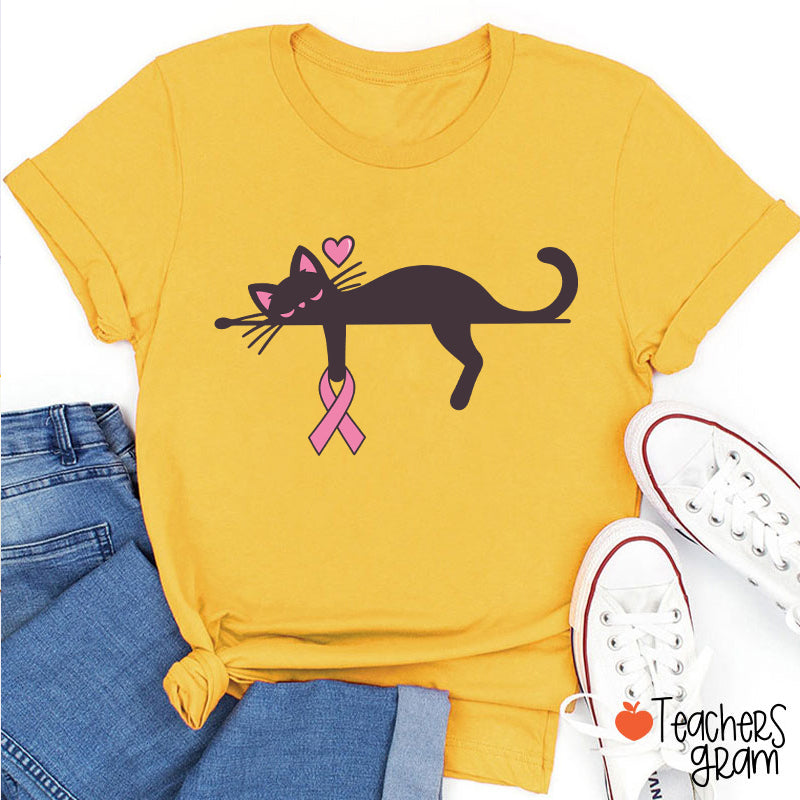 Black Cat With Pink Ribbon Awareness Teacher T-Shirt