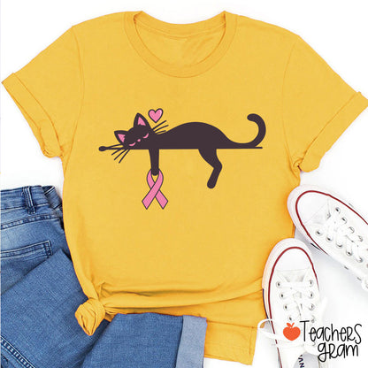 Black Cat With Pink Ribbon Awareness Teacher T-Shirt
