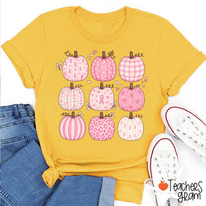 Pink Ribbon Breast Cancer Awareness Grid Pumpkin Teacher T-Shirt