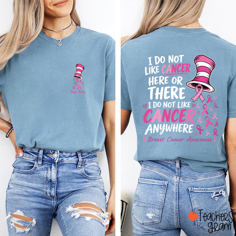 Personalized Team Name Pink Ribbon Striped Hat Teacher Two Sided T-Shirt