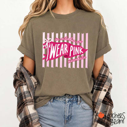 Personalized In October We Wear Pink Pink Stripe Flag Bow Teacher T-Shirt