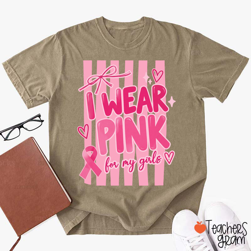 Personalized I Wear Pink For My People Striped Pink Ribbon Teacher T-Shirt