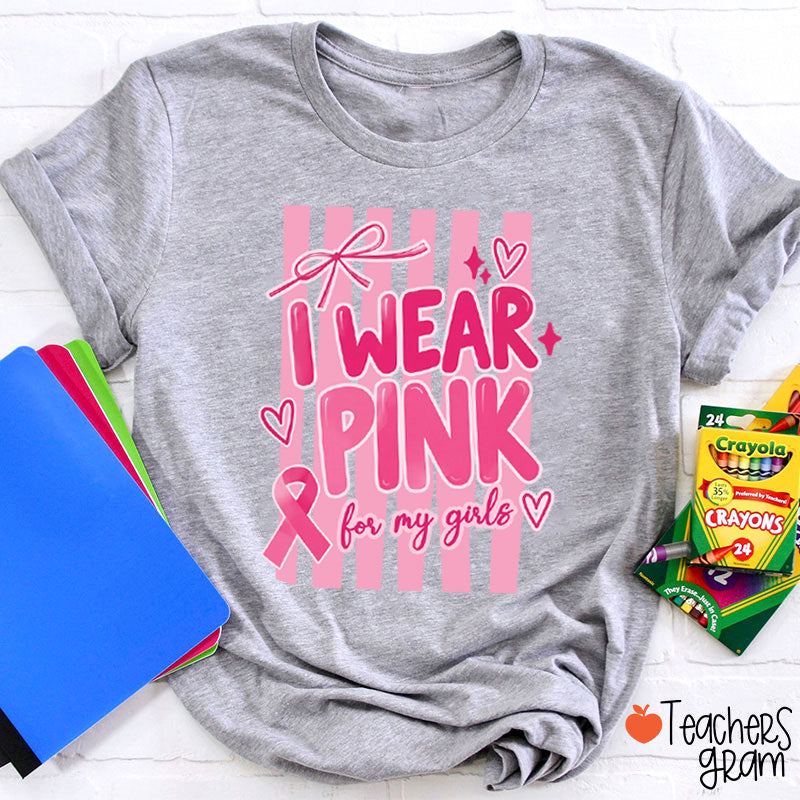 Personalized I Wear Pink For My People Striped Pink Ribbon Teacher T-Shirt