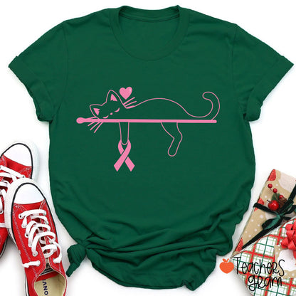 Black Cat With Pink Ribbon Awareness Teacher T-Shirt