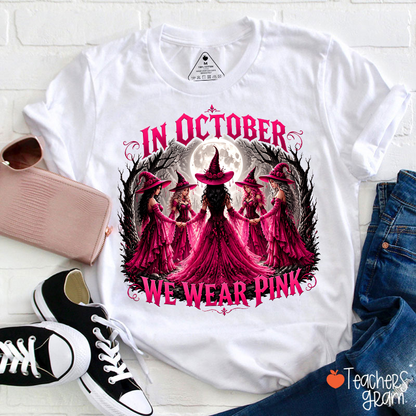 October Pink Witch Forest Night Graphic Breast Cancer Support Teacher T-Shirt