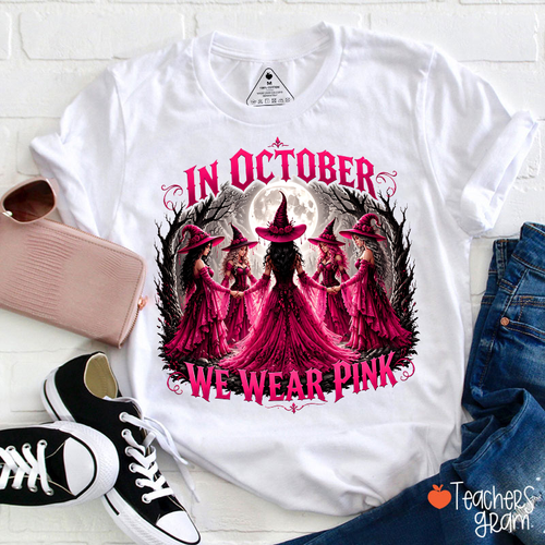 October Pink Witch Forest Night Graphic Breast Cancer Support Teacher T-Shirt