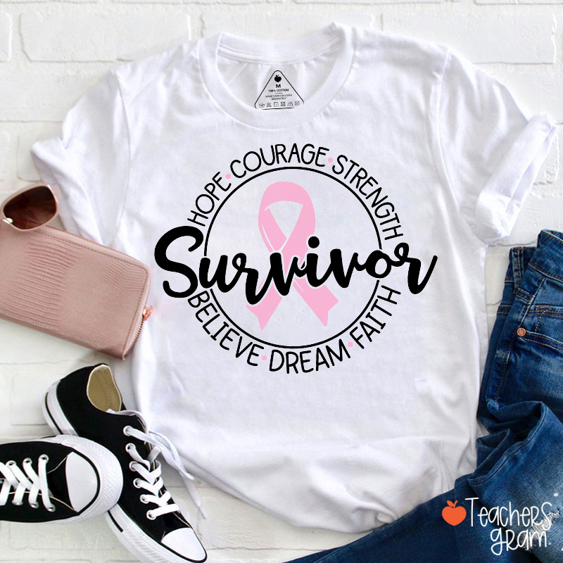 Survivor Pink Ribbon Hope Breast Cancer Awareness Teacher T-Shirt