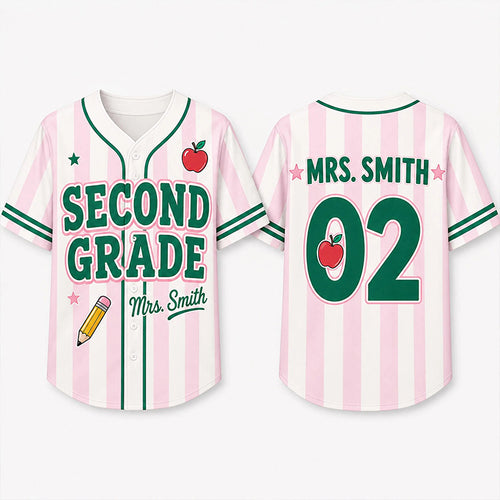 Personalized Grade And Name Preppy Stripes Apple Pencil Teacher Baseball Jersey