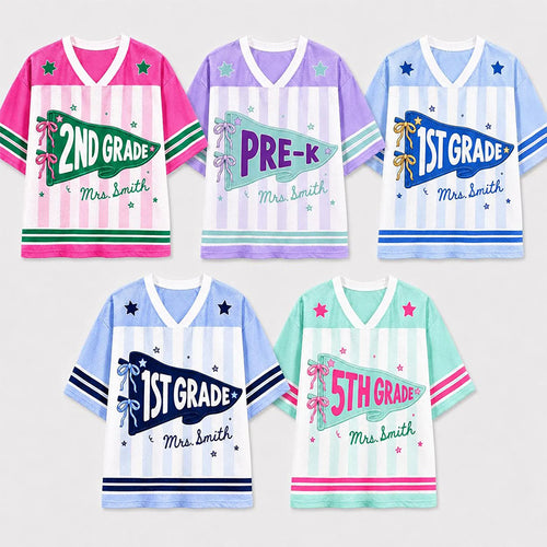 Personalized Grade And Name Preppy Stripes Pennant Fisrt Day Teacher Mesh Jersey