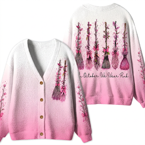 In October We Wear Pink Witch Brooms Breast Cancer Teacher Ugly Cardigan Sweaters