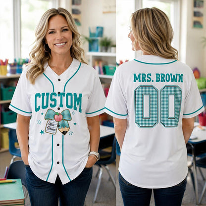 Personalized Grade And Name Pencil Bow Gingham Teacher Baseball Jersey
