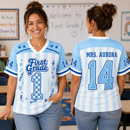 Personalized Grade Stripe Check Number Teacher Mesh Jersey
