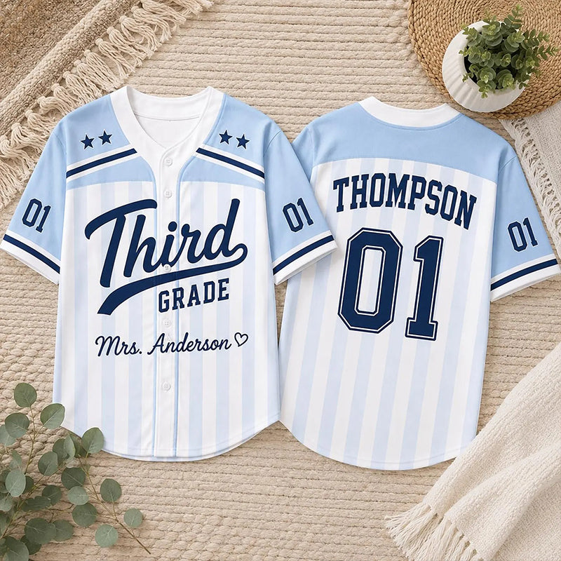Personalized Grade And Name Preppy Color Block Stripes Script First Day Teacher Baseball Jersey