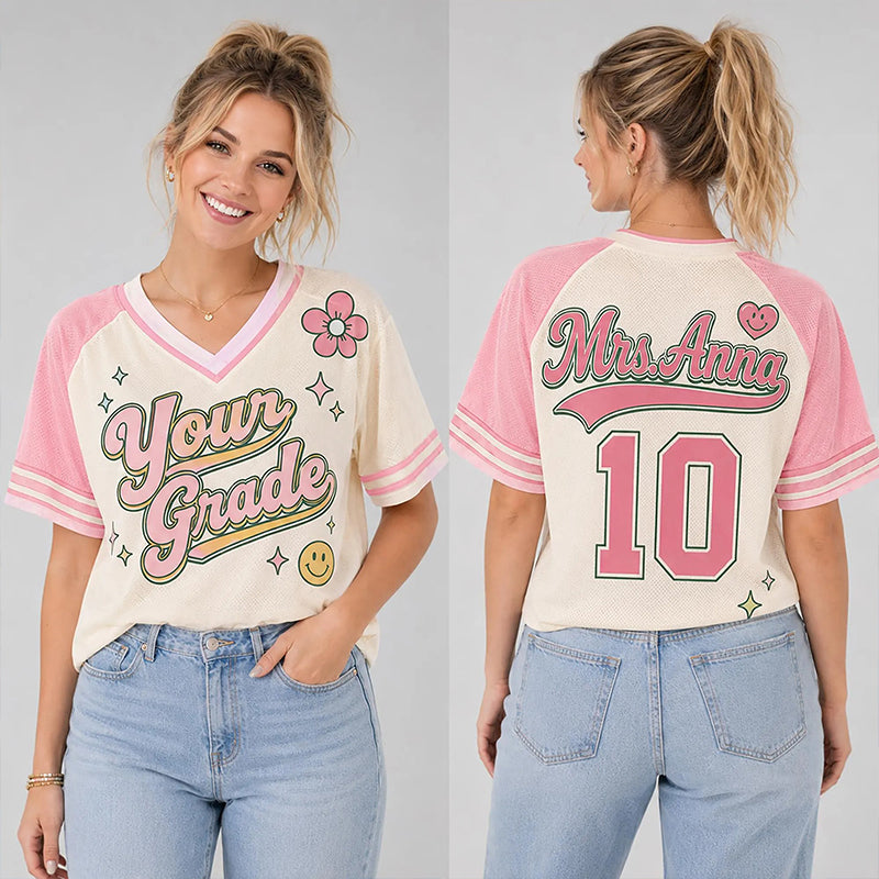 Personalized Grade And Name Floral Smile Heart Teacher Mesh Jersey