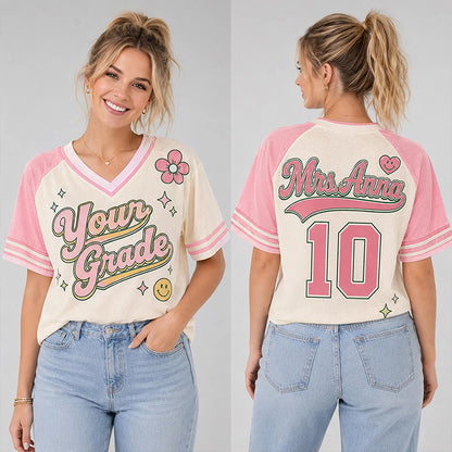 Personalized Grade And Name Floral Smile Heart Teacher Mesh Jersey