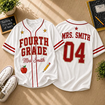Personalized Grade And Name Apple Pencil Graphic Teacher Baseball Jersey