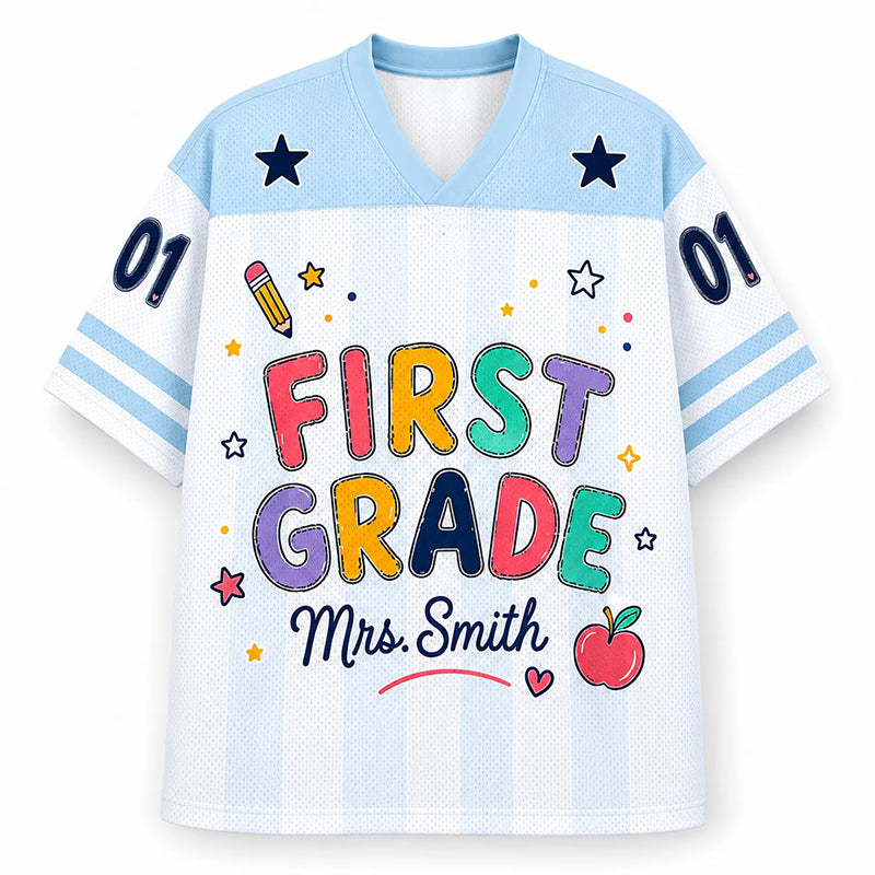 Personalized Grade And Name Preppy Stripes Rainbow Text First Day Teacher Mesh Jersey