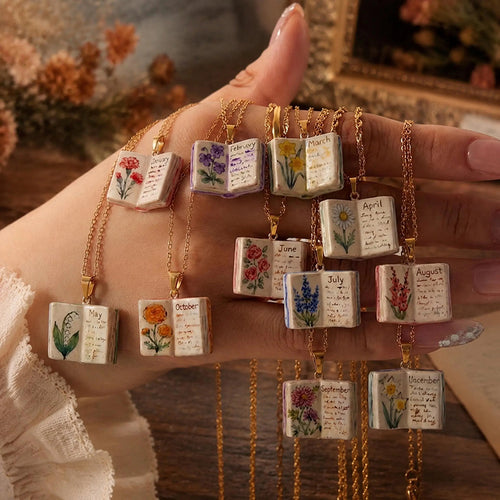 Hand-Painted Floral Design Porcelain Book Teacher Necklace