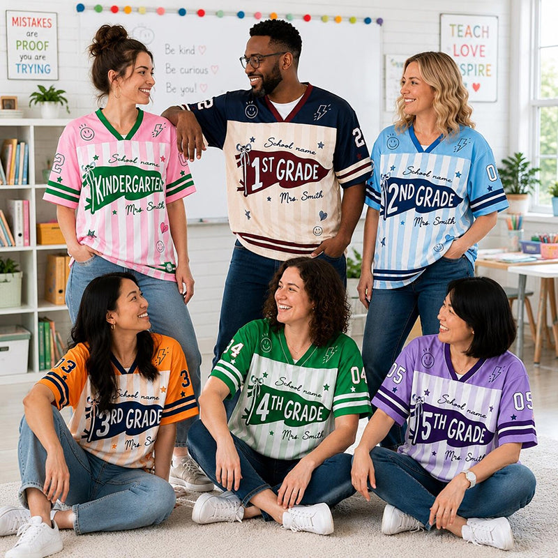 Personalized Grade And Name Preppy Stripes Patchwork First Day Teacher Mesh Jersey