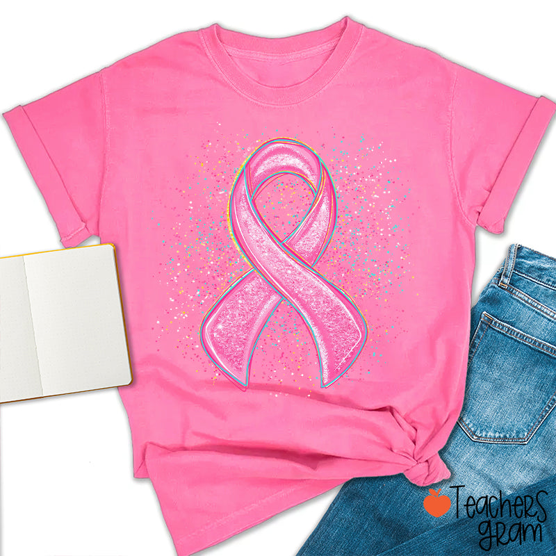 Sparkly Pink Ribbon Awareness Teacher T-Shirt